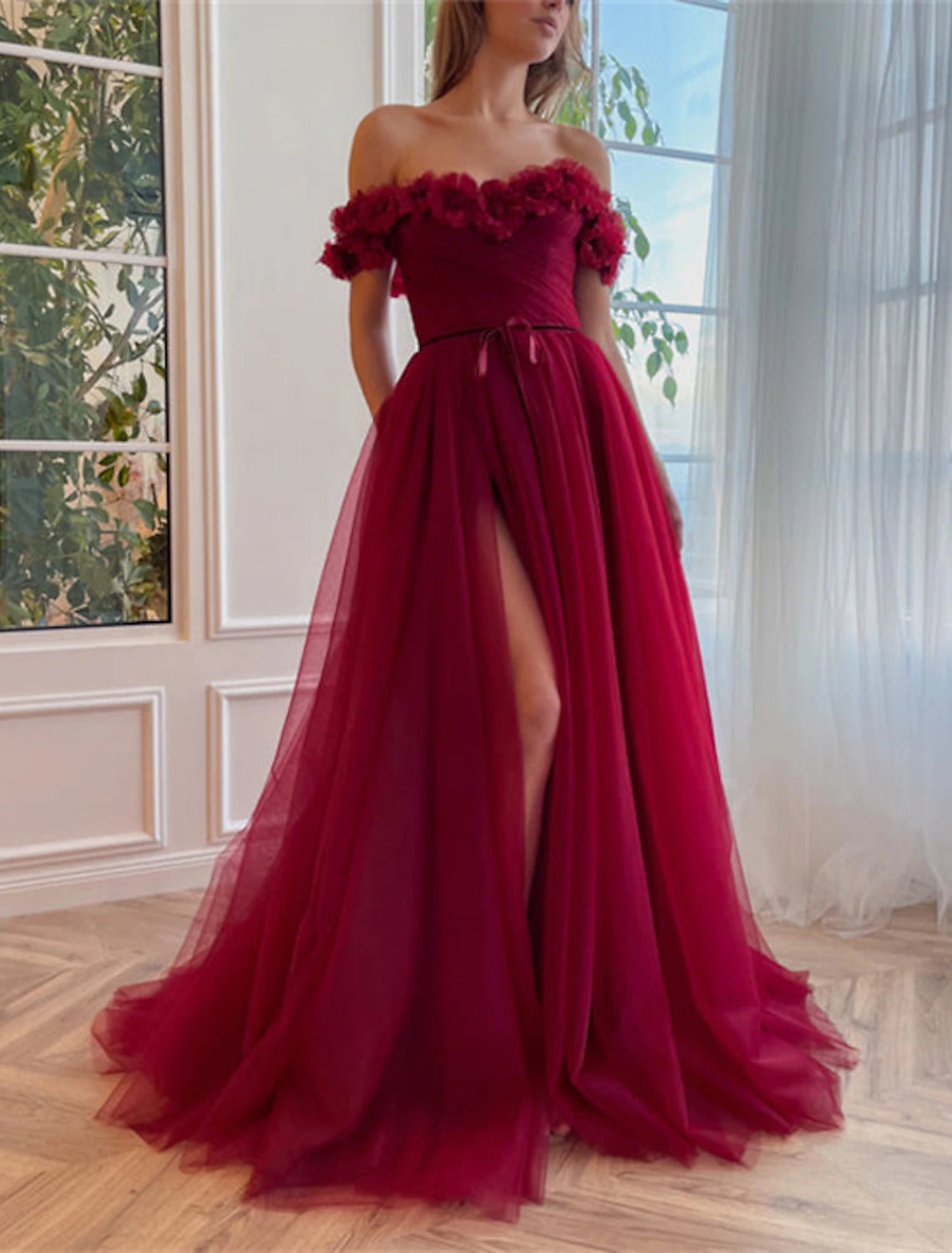 Vestidos de fiesta de corte A, vestido floral, para invitados de boda, fiesta de bodas, cola larga/corta, manga corta, hombros descubiertos, tul con abertura y tiras
